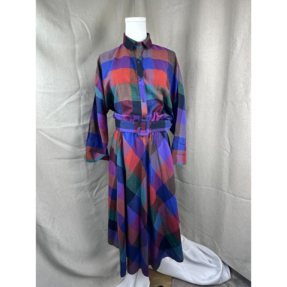Vintage American Shirt Dress Plaid Belted Midi Sz 13/14